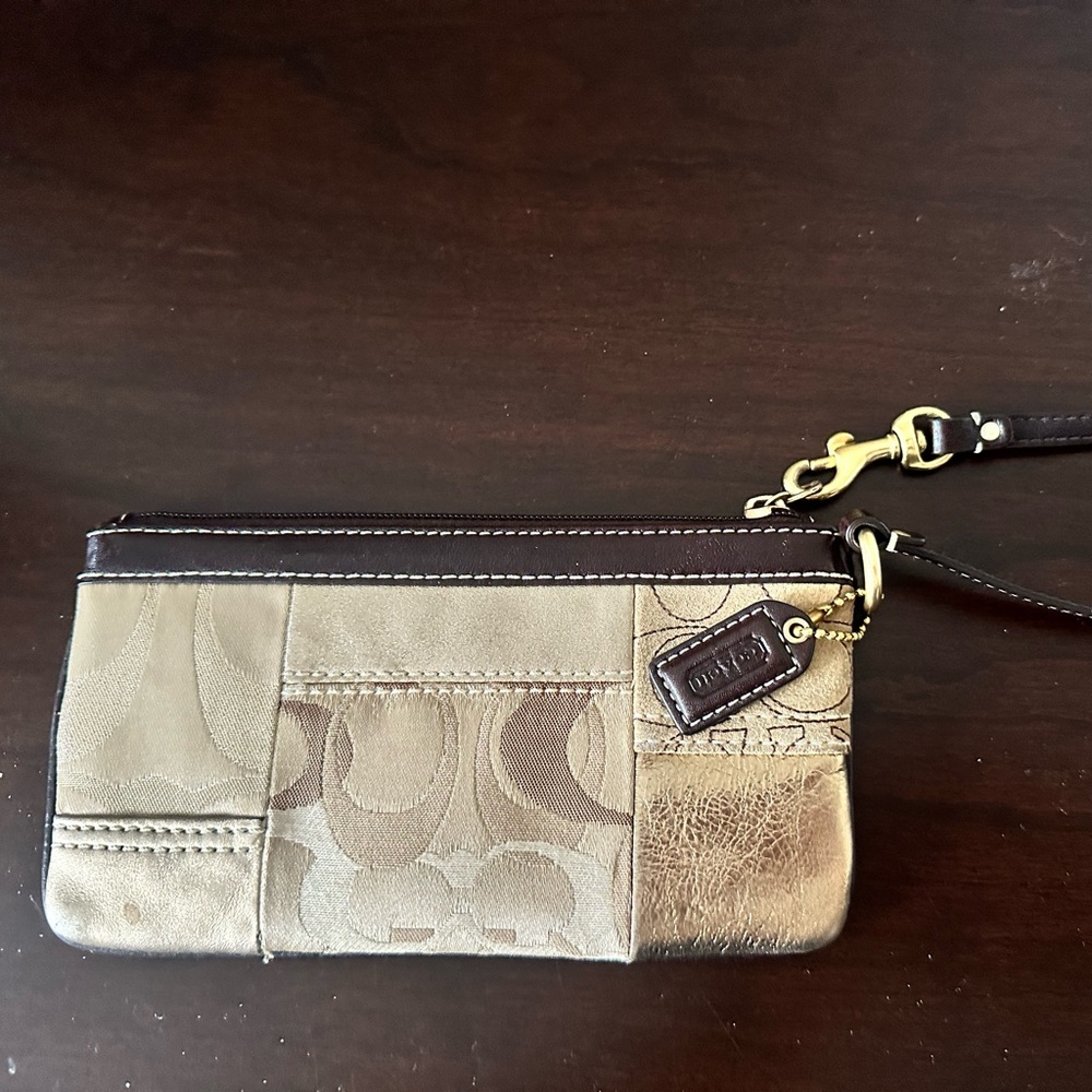 NWT and Box - Coach Patchwork Wristlet in Metallic Taupe and Dark Brown